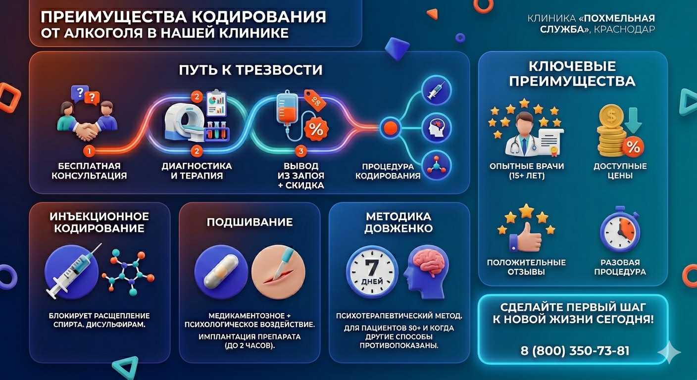 Инфографика о методах кодирования от алкоголя в Полоцке: инъекции, подшивание, метод Довженко. Преимущества клиники и этапы лечения.